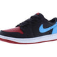 Black, red, and blue Nike Air Jordan 1 low-top sneaker with white sole, stylish women's fashion footwear