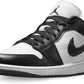 Black and white Air Jordan 1 sneaker with Nike swoosh, classic low-top design for women's fashion