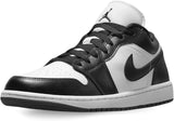 Black and white Air Jordan 1 sneaker with Nike swoosh, classic low-top design for women's fashion