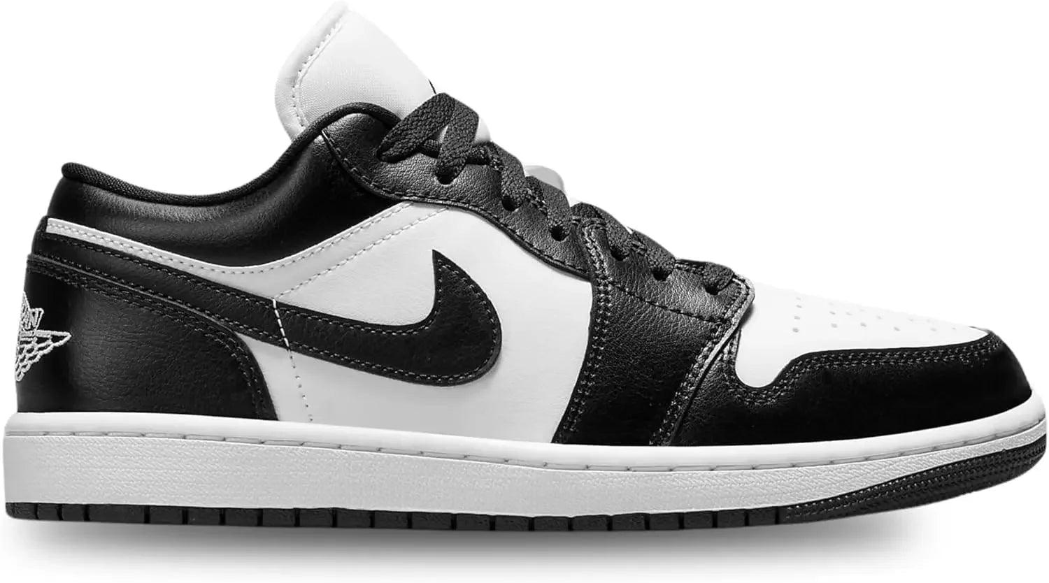 Black and white Nike Air Jordan 1 low sneaker with iconic swoosh and wing logo, stylish women's fashion footwear