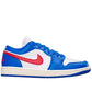 Blue and red low-top sneaker with white accents and iconic swoosh, stylish women's fashion footwear