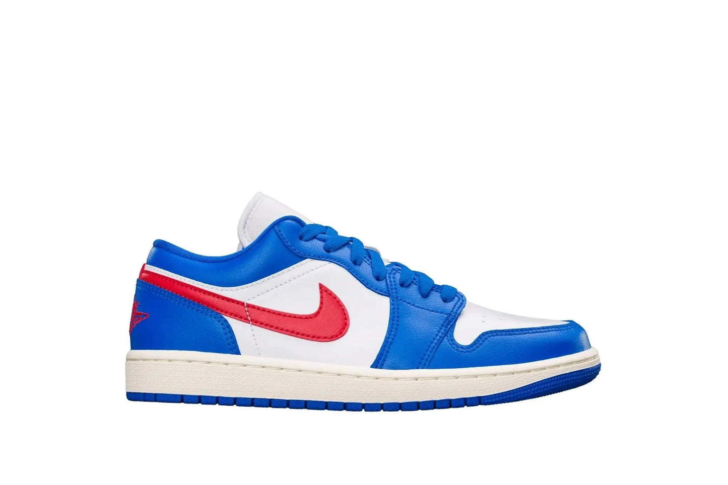Blue and red low-top sneaker with white accents and iconic swoosh, stylish women's fashion footwear