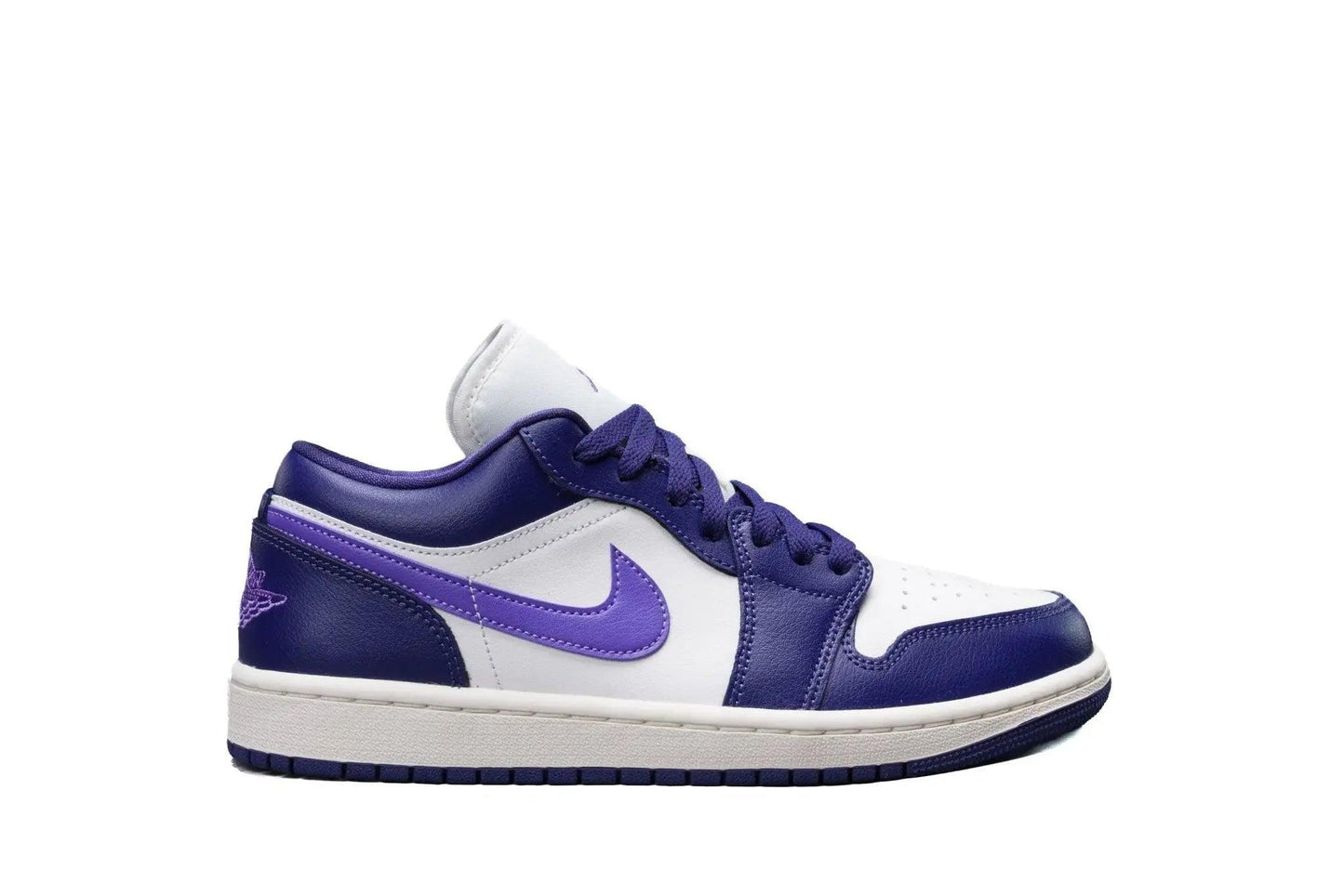 Purple and white low-top sneaker with Nike swoosh, stylish women's fashion footwear