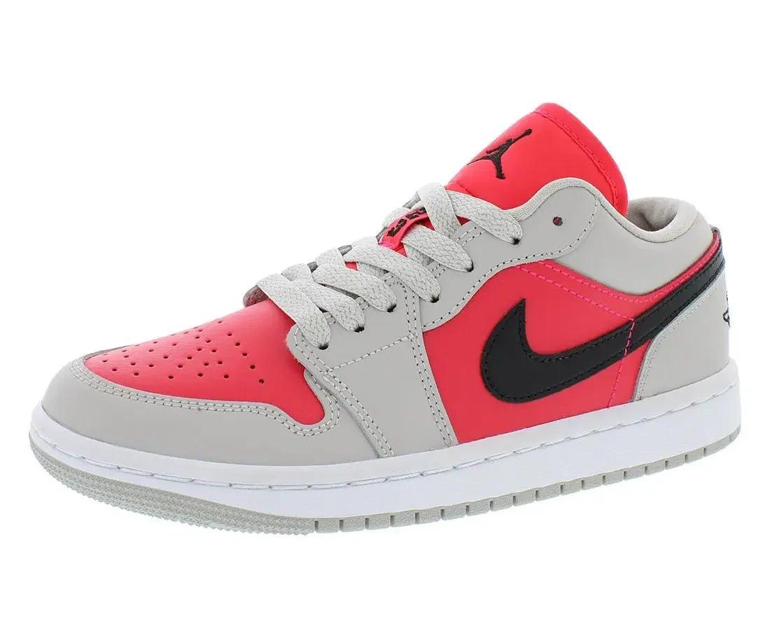 Women's pink and gray Nike Air Jordan 1 low-top sneaker with black swoosh and white sole