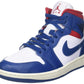 Blue, white, and red high-top sneaker with Nike swoosh and Jumpman logo, ideal for women's fashion
