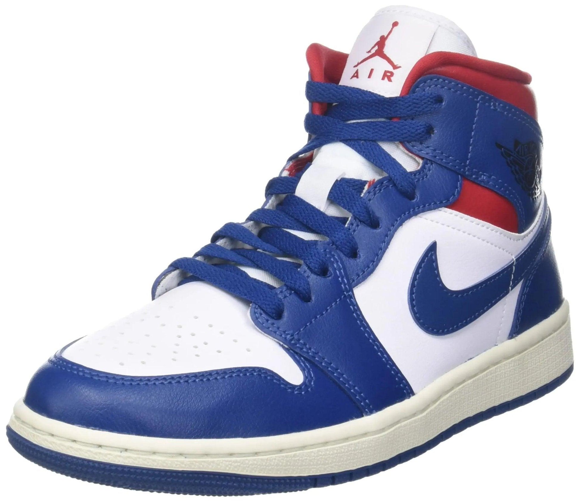 Blue, white, and red high-top sneaker with Nike swoosh and Jumpman logo, ideal for women's fashion