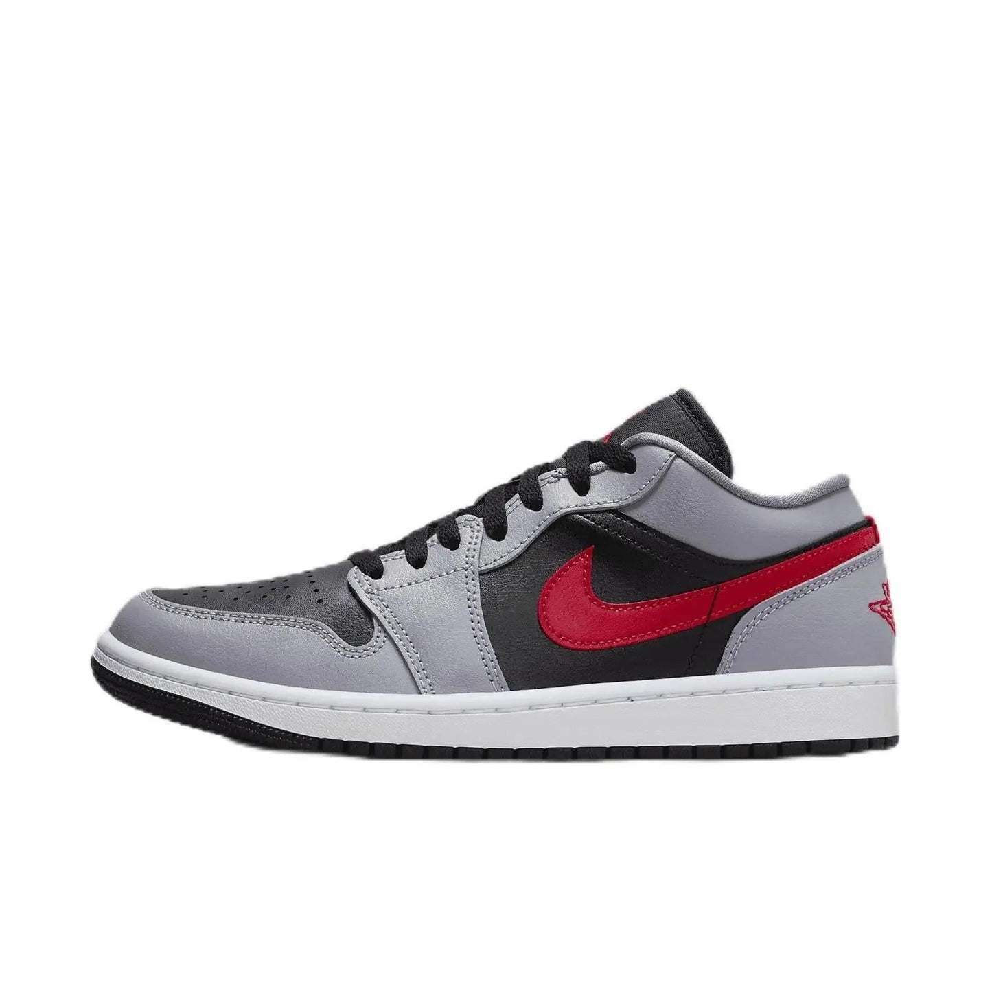 Gray black red low-top sneaker with Nike swoosh, women's fashion footwear