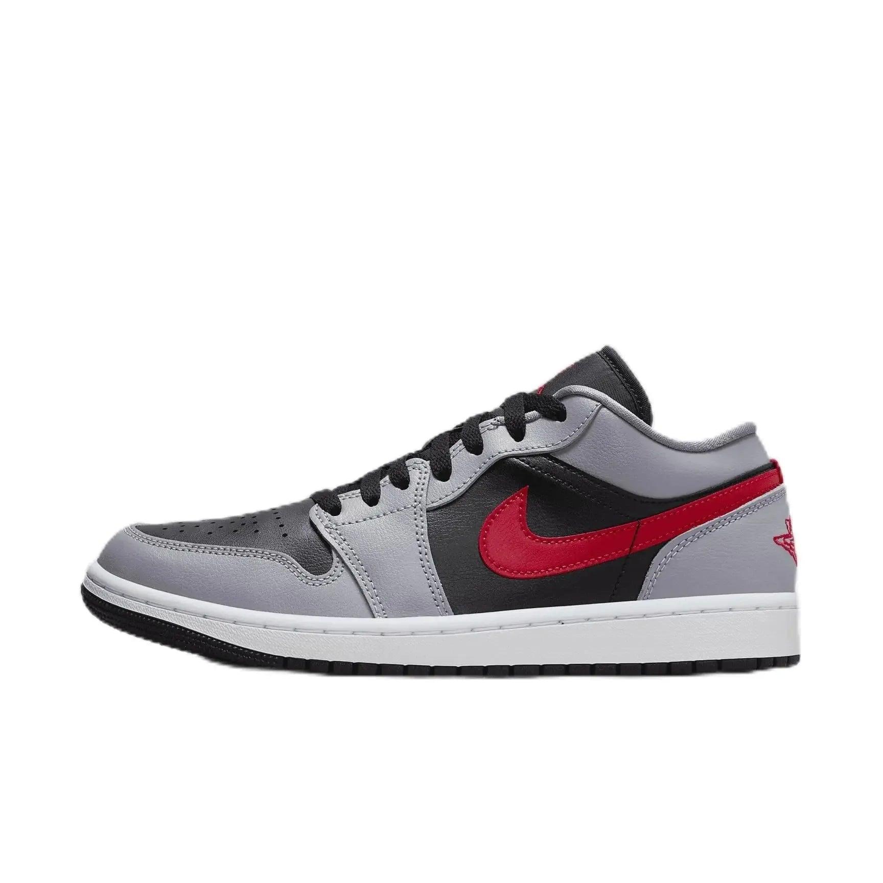 Gray black red low-top sneaker with Nike swoosh, women's fashion footwear