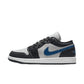 Women's gray and black low-top sneaker with blue Nike swoosh, casual fashion footwear