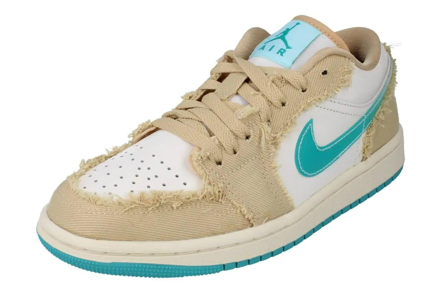 Women's Nike Air Jordan 1 Low sneaker with distressed beige and turquoise accents, white perforated toe, and iconic swoosh.