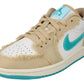 Women's Nike Air Jordan 1 Low sneaker with distressed beige and teal accents, white perforated toe, and classic swoosh design