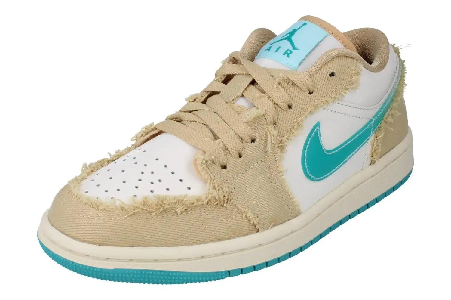 Women's Nike Air Jordan 1 Low sneaker with distressed beige and teal accents, white perforated toe, and classic swoosh design