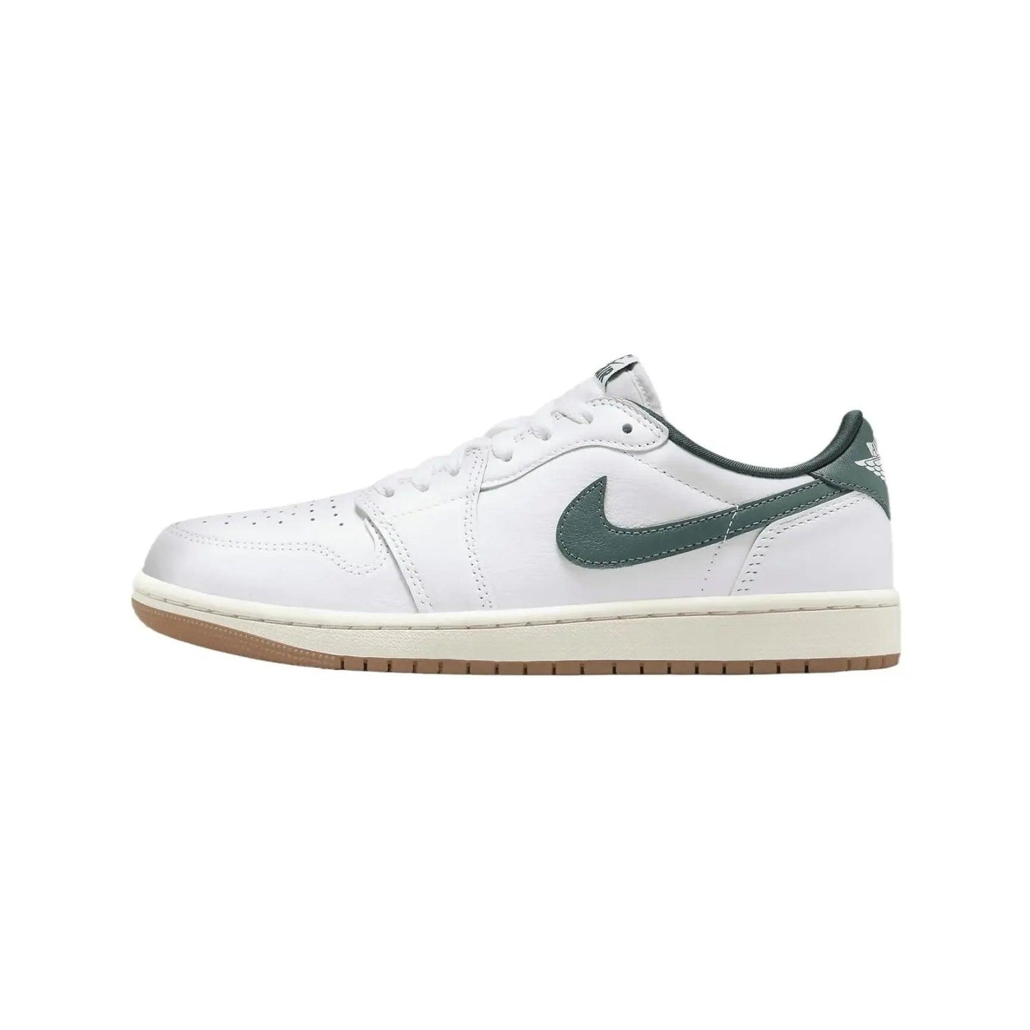 White low-top sneaker with green swoosh and gum sole, stylish women's fashion footwear