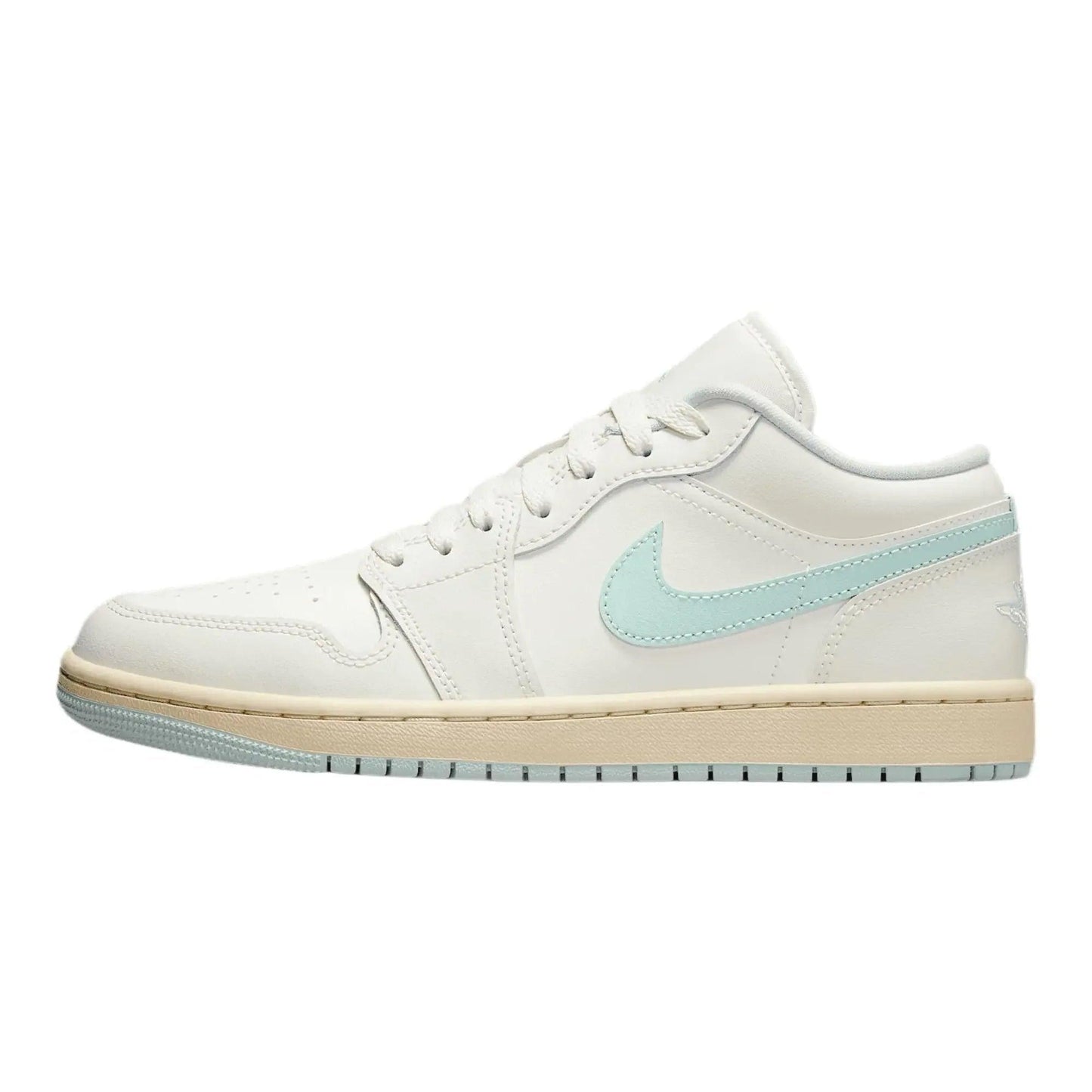 White women's sneaker with mint green Nike swoosh, cream sole, and pastel accents for casual fashion