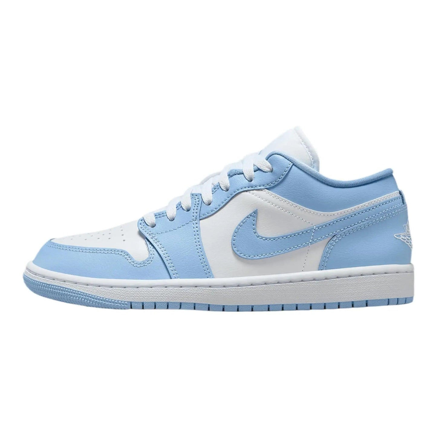 Light blue and white low-top sneaker with Nike swoosh, women's fashion footwear