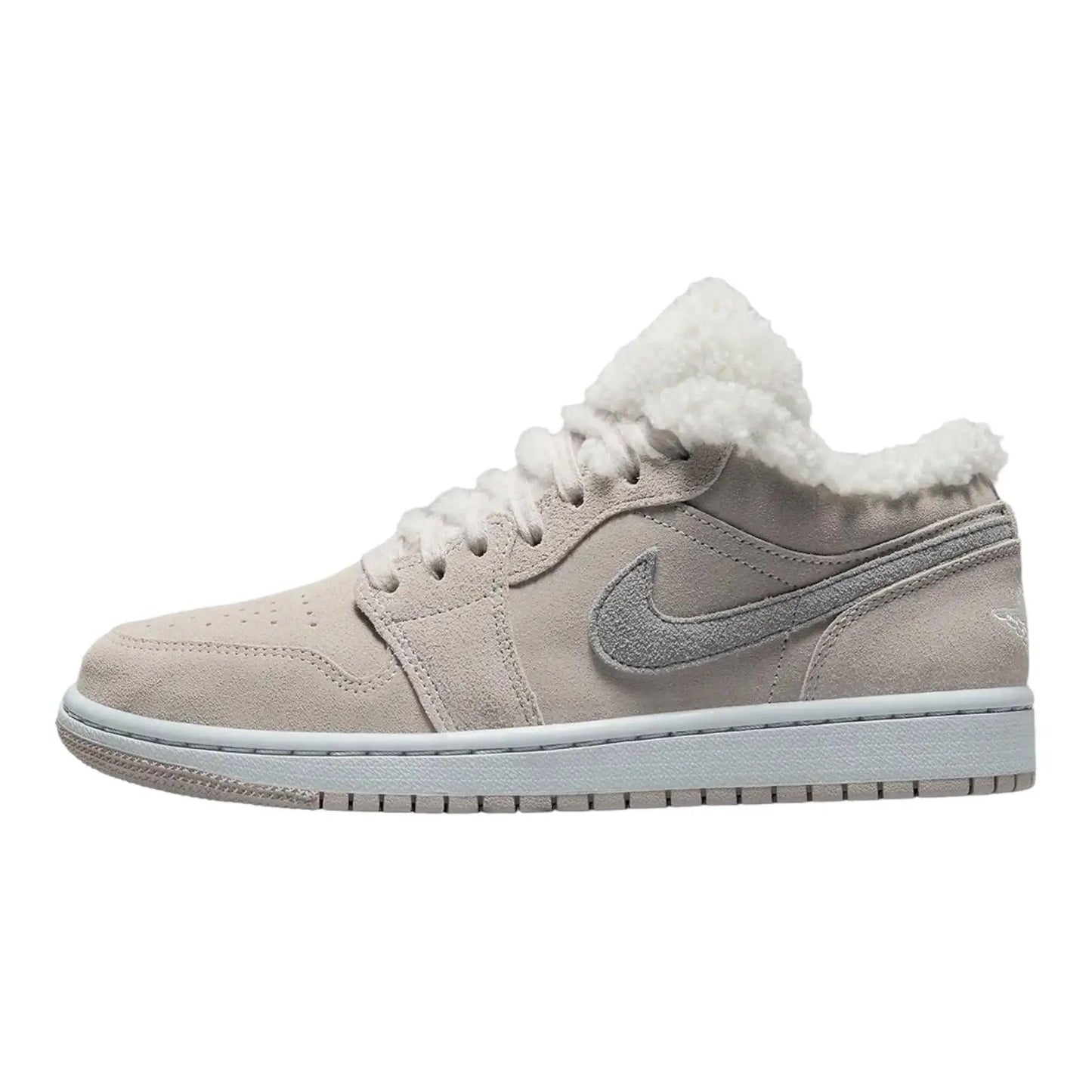 Beige suede women's sneaker with white shearling collar and Nike swoosh, fashion footwear
