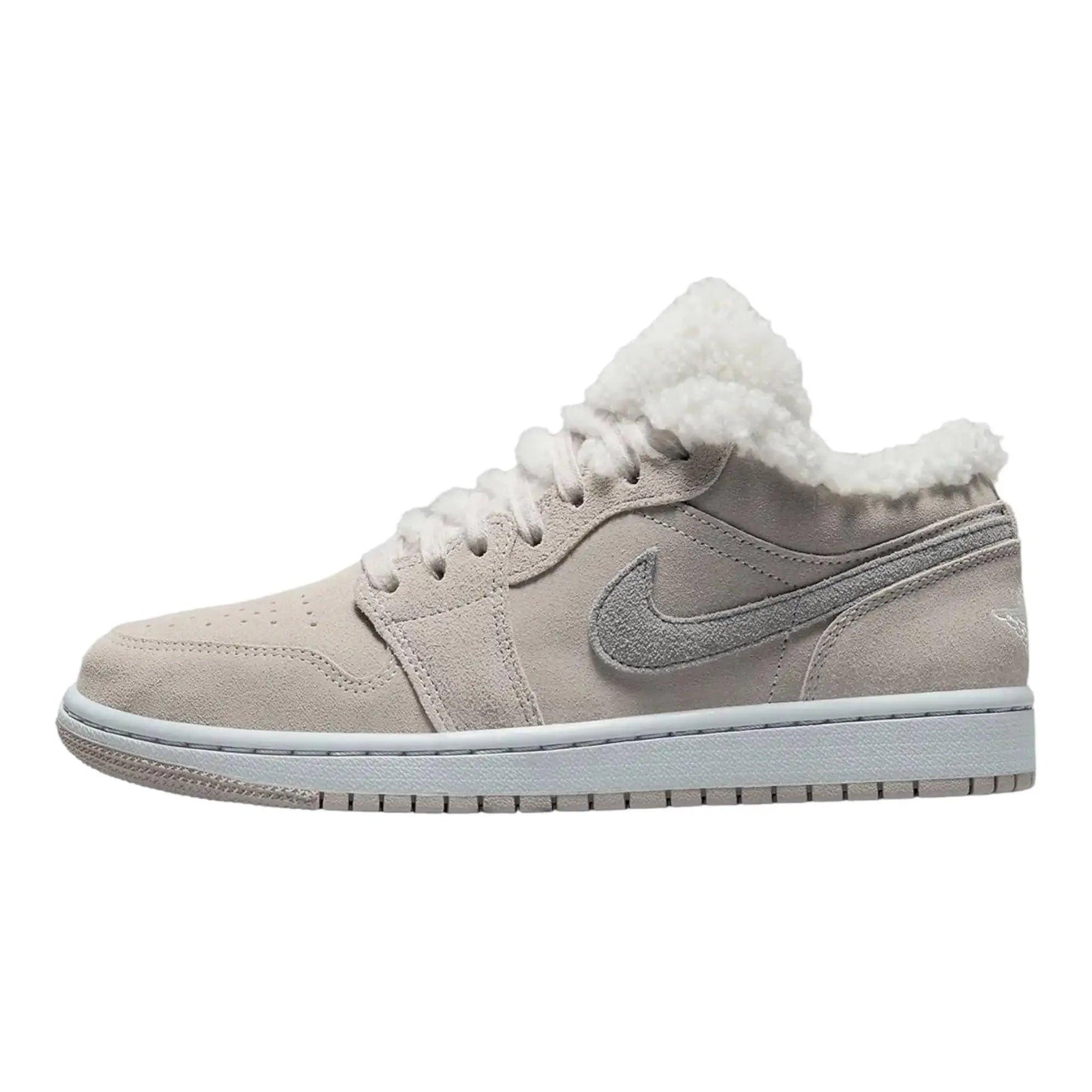Beige suede women's sneaker with white shearling collar and Nike swoosh, fashion footwear