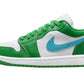 Green and white low-top sneaker with blue swoosh, women's fashion footwear