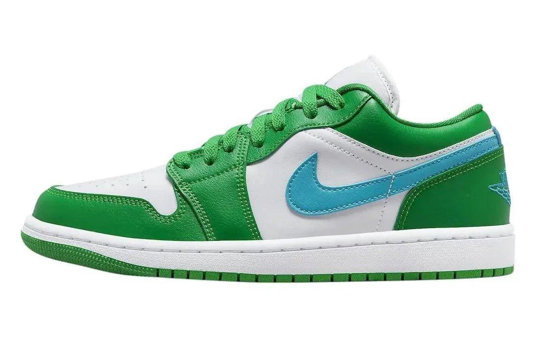 Green and white low-top sneaker with blue swoosh, women's fashion footwear