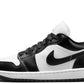 Black and white Nike Air Jordan 1 low sneaker with classic design and iconic swoosh logo