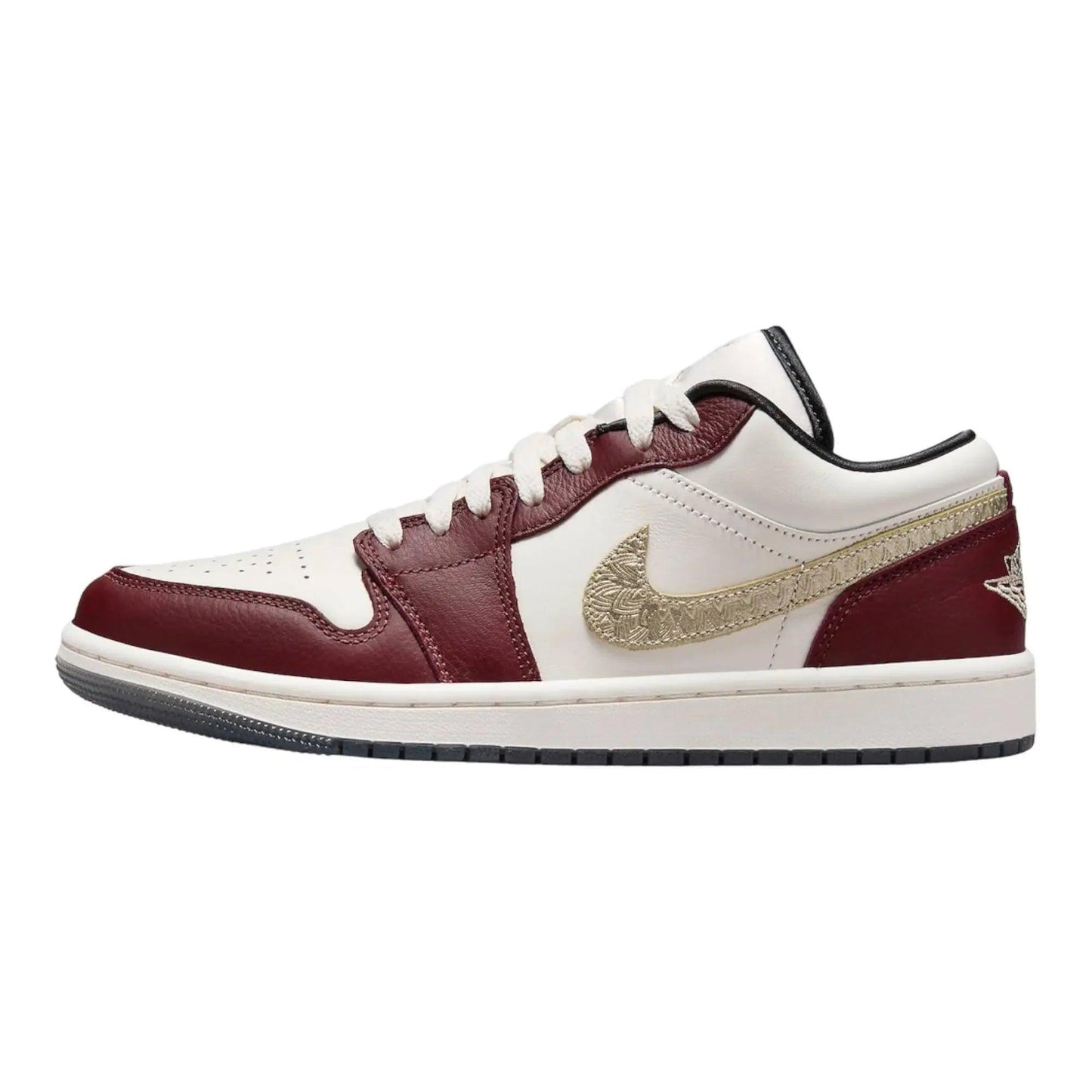 Women's white and burgundy sneaker with gold Nike swoosh, stylish fashion footwear