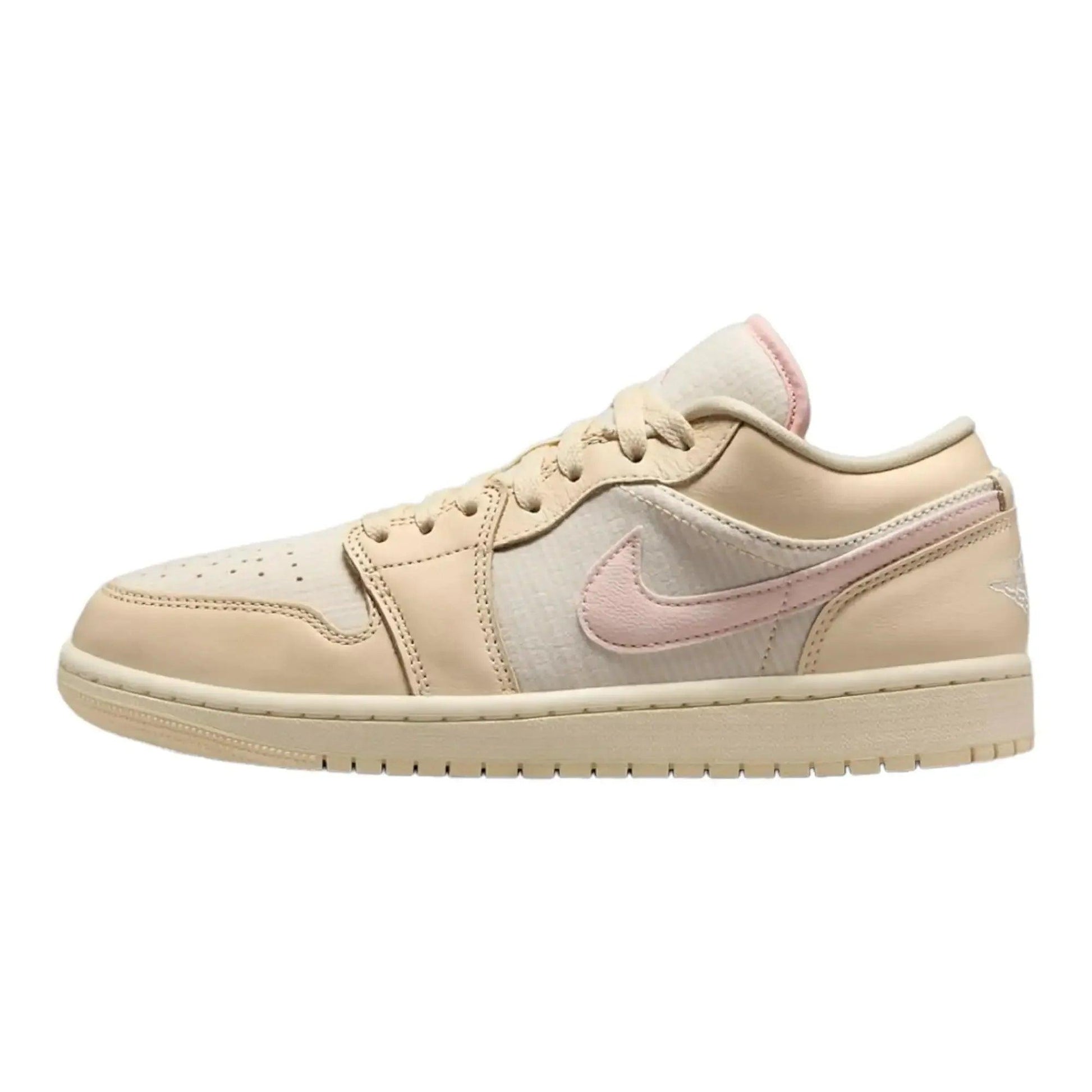 Beige and pink women's low-top sneaker with Nike swoosh, stylish fashion footwear