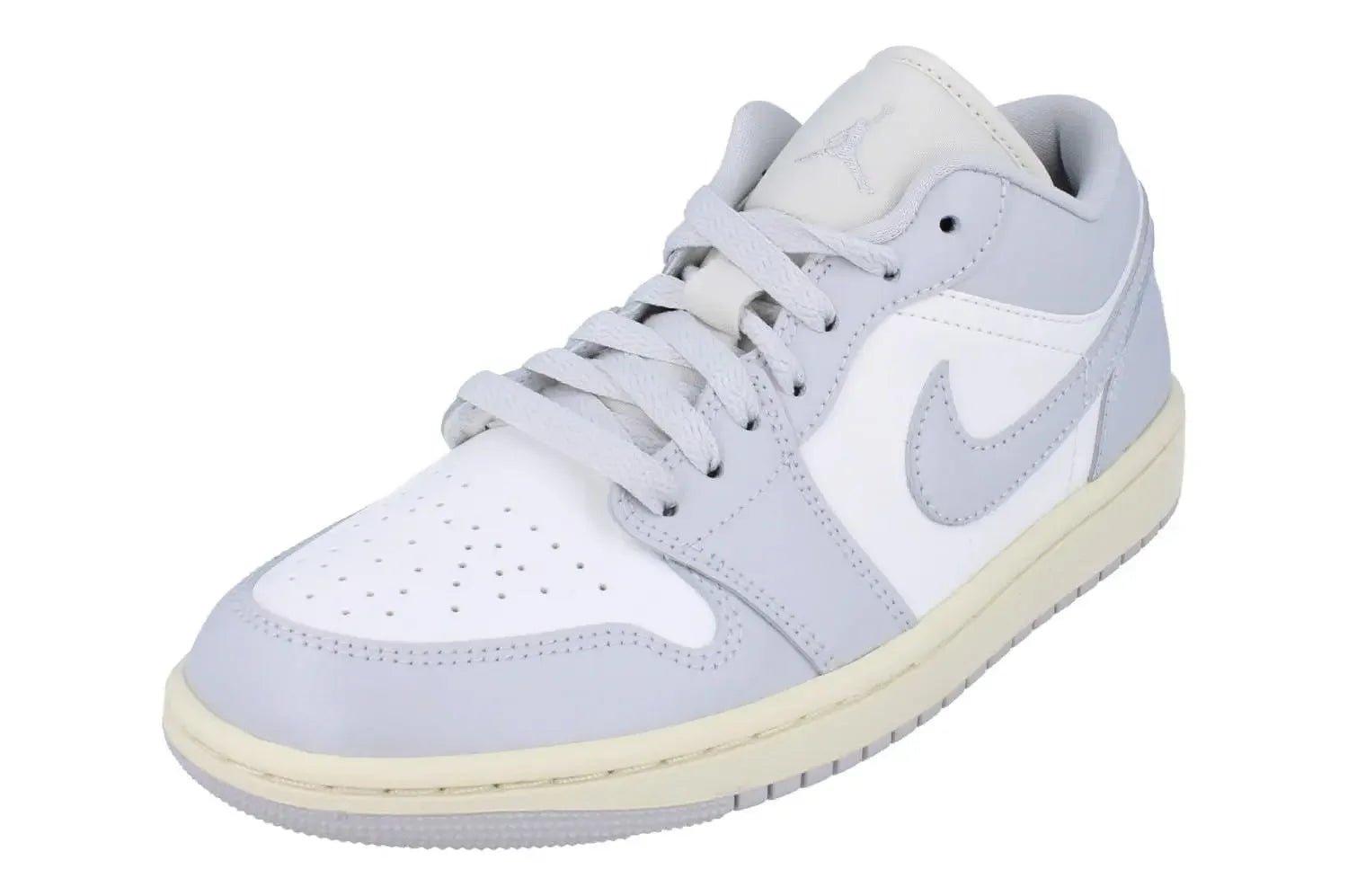 White and light gray women's fashion sneaker with Nike swoosh and Jordan logo