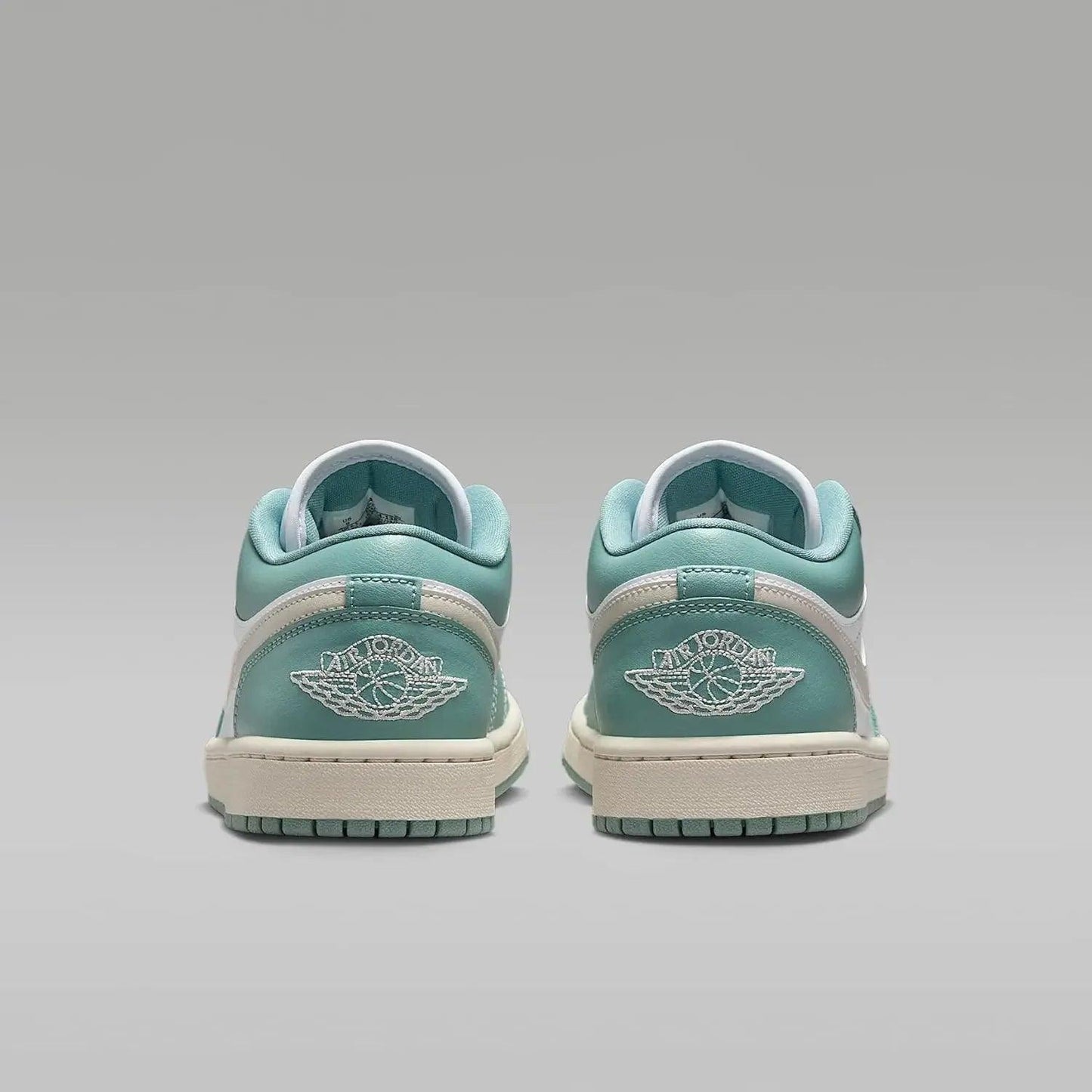 Teal and white Air Jordan 1 low sneakers with embroidered logo, women's fashion footwear