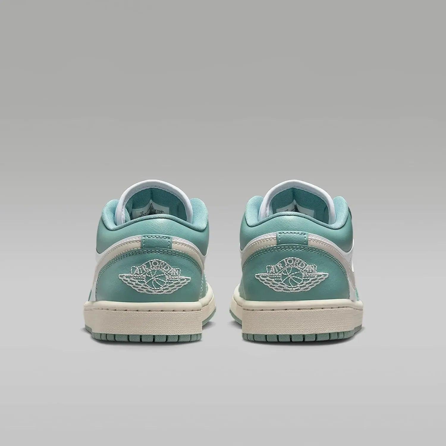 Teal and white Air Jordan 1 low sneakers with embroidered logo, women's fashion footwear