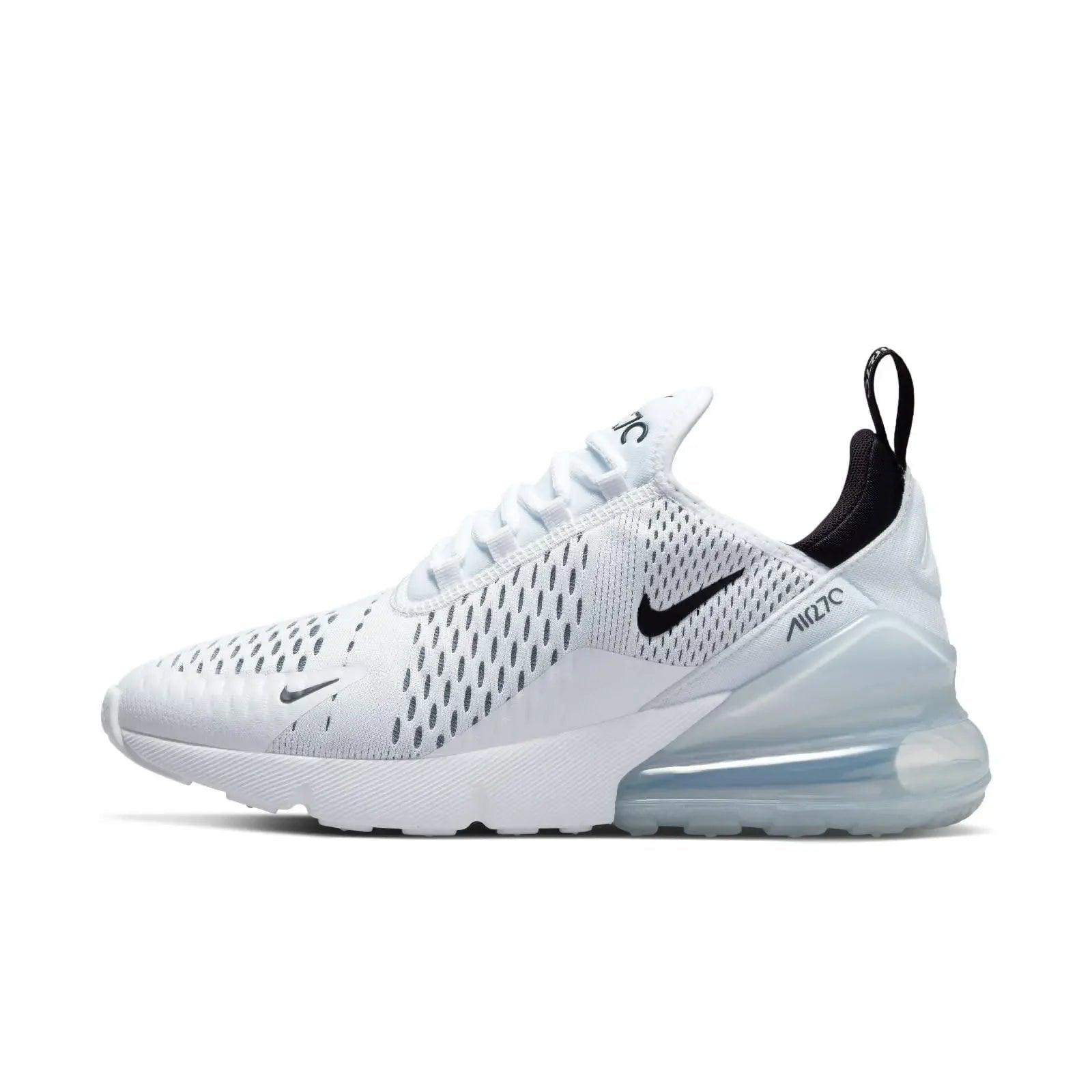 White Nike Air Max 270 sneaker with black swoosh, mesh upper, and visible air cushion sole for women's fashion