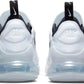 White Nike Air Max 270 sneakers with transparent air cushion sole, black heel tab, and iconic swoosh logo