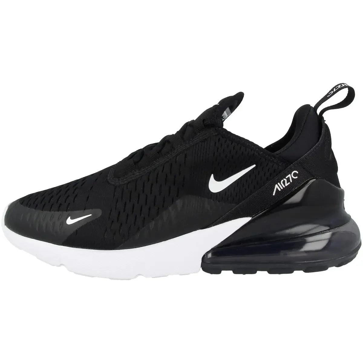 Black Nike Air Max 270 women's sneaker with white swoosh and air cushion sole