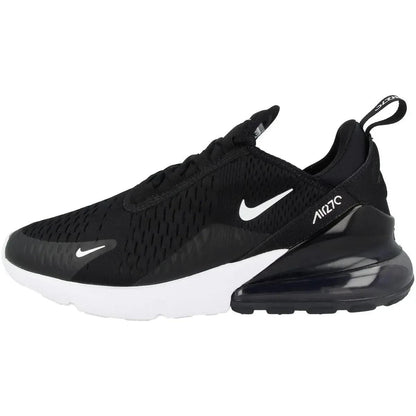 Black Nike Air Max 270 women's sneaker with white swoosh and air cushion sole