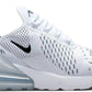 White Nike Air Max 270 sneaker with black swoosh, mesh upper, and visible air cushion sole for women's fashion