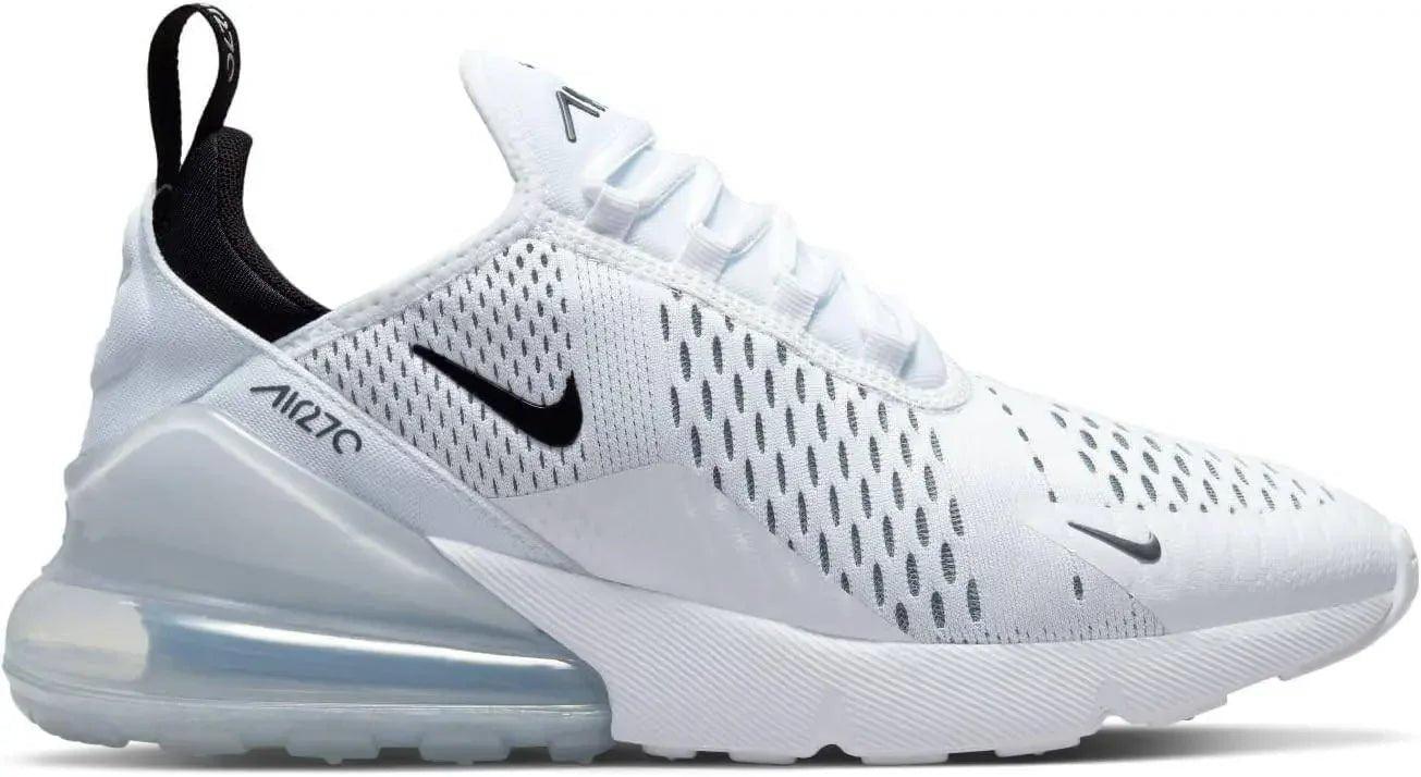 White Nike Air Max 270 sneaker with black swoosh, mesh upper, and visible air cushion sole for women's fashion