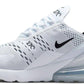 White Nike Air Max 270 sneaker with black swoosh, mesh upper, and visible air cushion sole for women's fashion