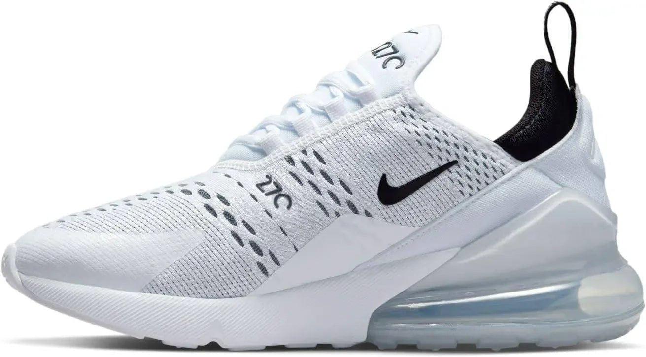White Nike Air Max 270 sneaker with black swoosh, mesh upper, and visible air cushion sole for women's fashion