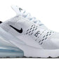 White Nike Air Max 270 sneaker with black swoosh, mesh upper, and visible air cushion sole for women's fashion