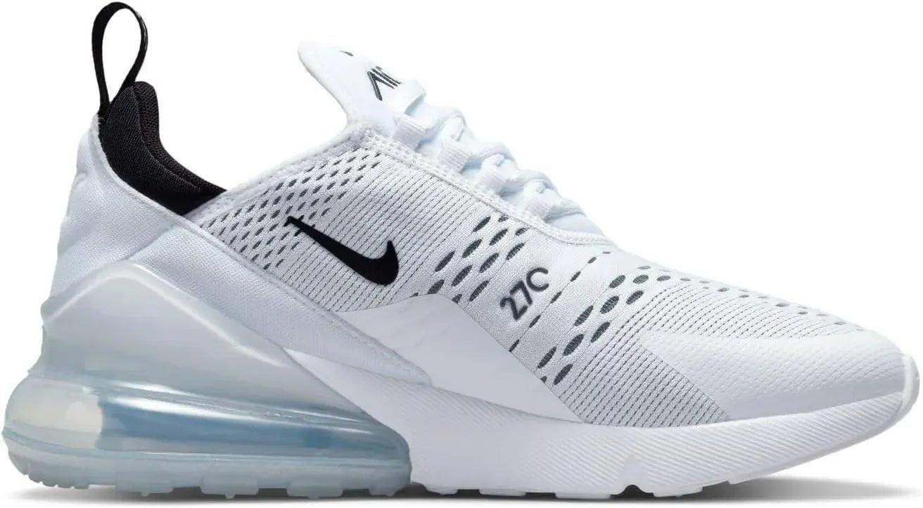 White Nike Air Max 270 sneaker with black swoosh, mesh upper, and visible air cushion sole for women's fashion
