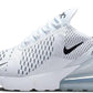 White Nike Air Max 270 women's athletic sneaker with mesh upper and visible air cushioning