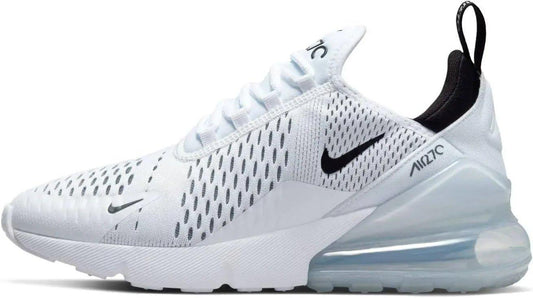 White Nike Air Max 270 women's athletic sneaker with mesh upper and visible air cushioning