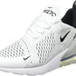 Nike Air Max 270 sneaker with white mesh upper, black swoosh, and visible air cushion sole for women's fashion