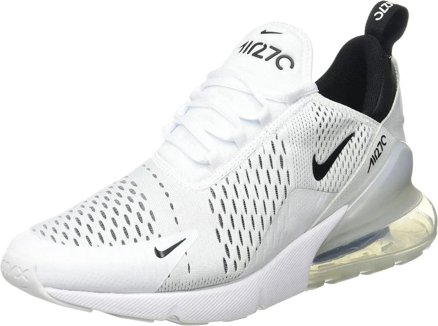 Nike Air Max 270 sneaker with white mesh upper, black swoosh, and visible air cushion sole for women's fashion