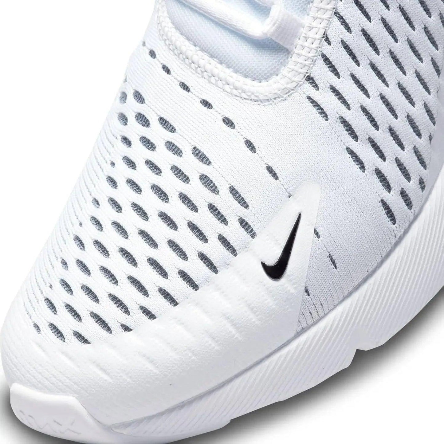 White Nike running shoe with breathable mesh design and black swoosh logo