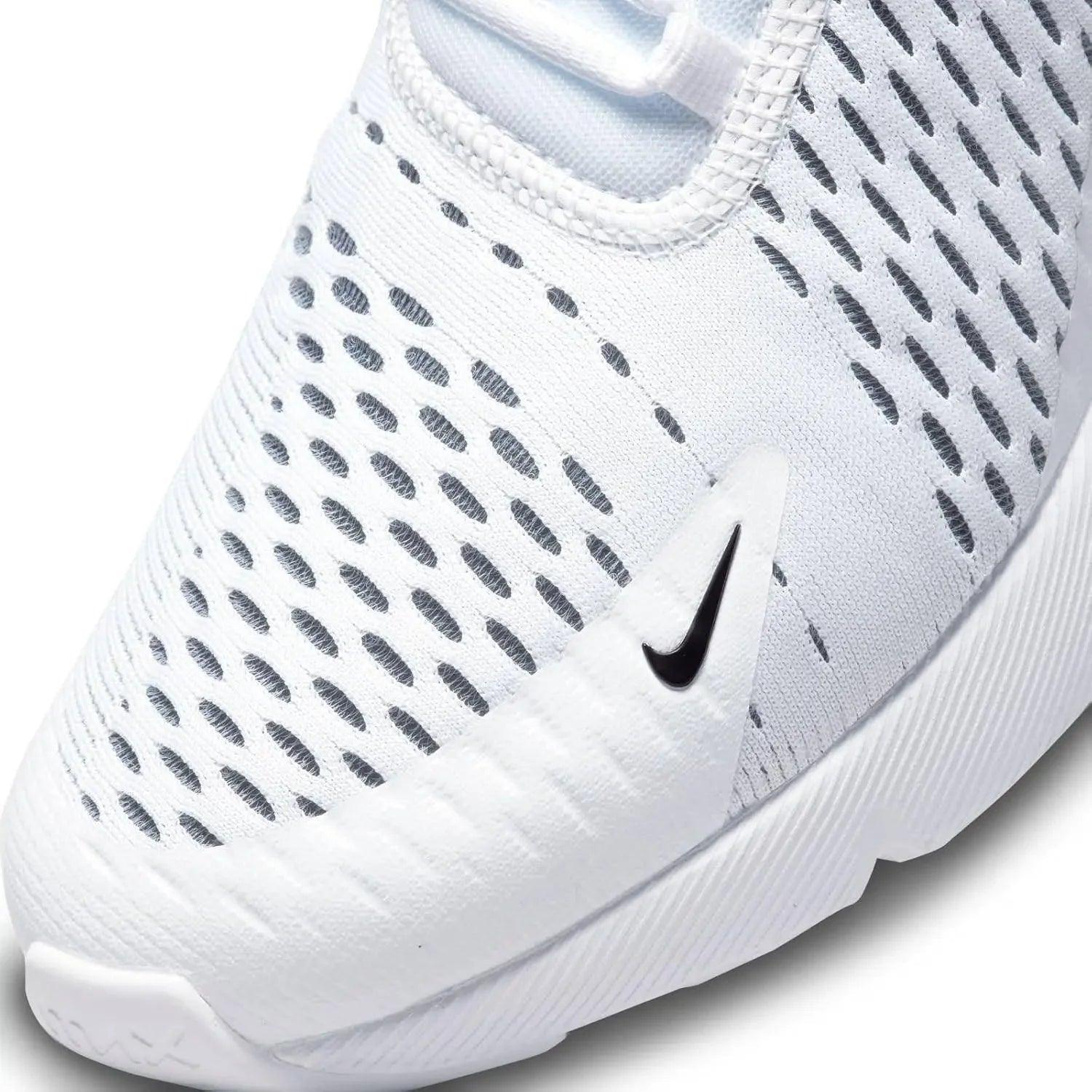 White Nike running shoe with breathable mesh design and black swoosh logo