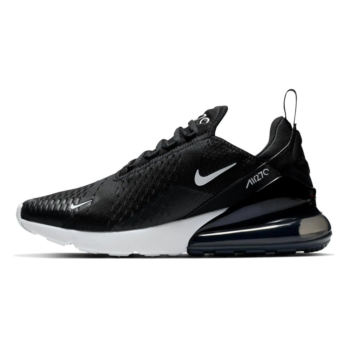 Black Nike Air Max 270 sneaker with white sole and visible air unit, stylish women's fashion footwear