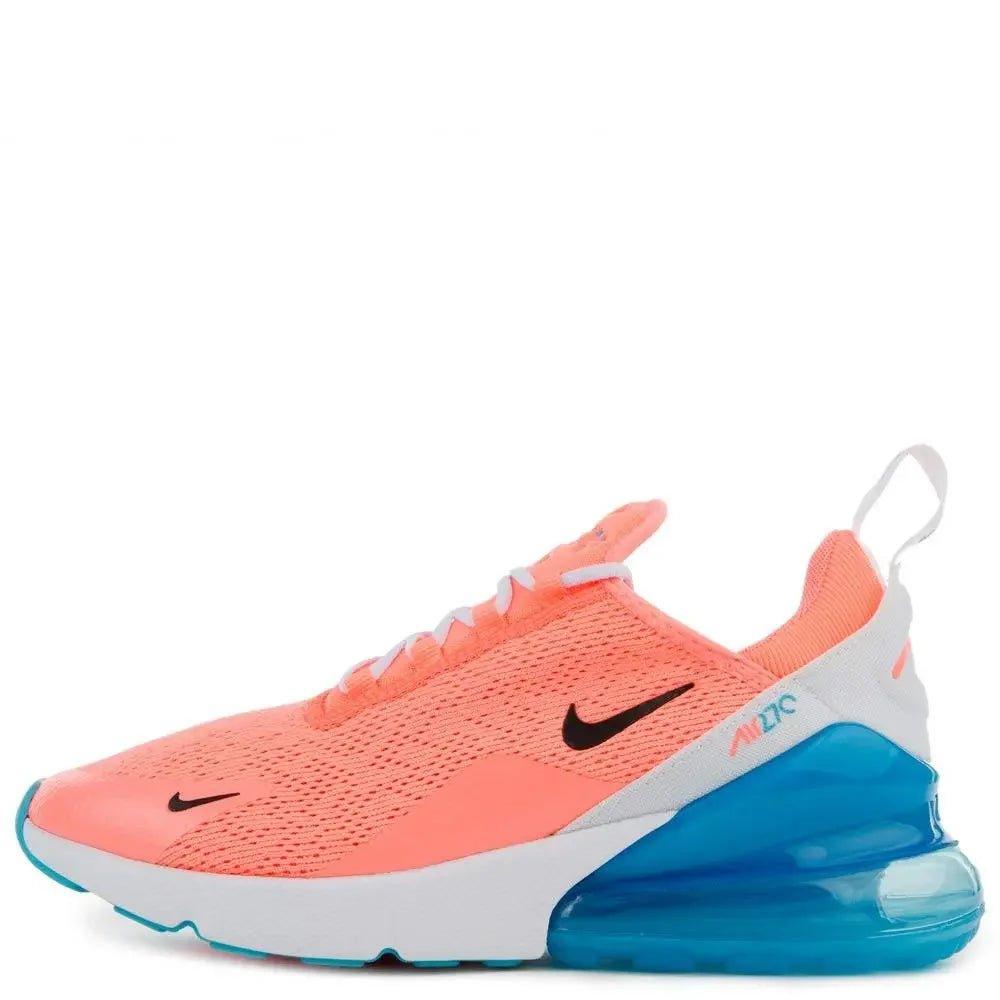 Coral Nike Air Max 270 women's sneaker with blue air cushion, mesh upper, and white laces