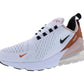 White Nike Air Max 270 women's sneaker with orange accents and breathable mesh design