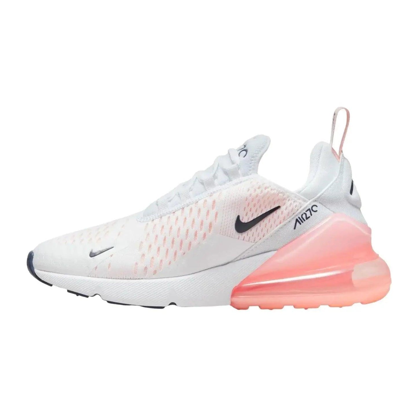 White Nike Air Max 270 women's sneaker with pink gradient sole and mesh upper, stylish athletic shoe