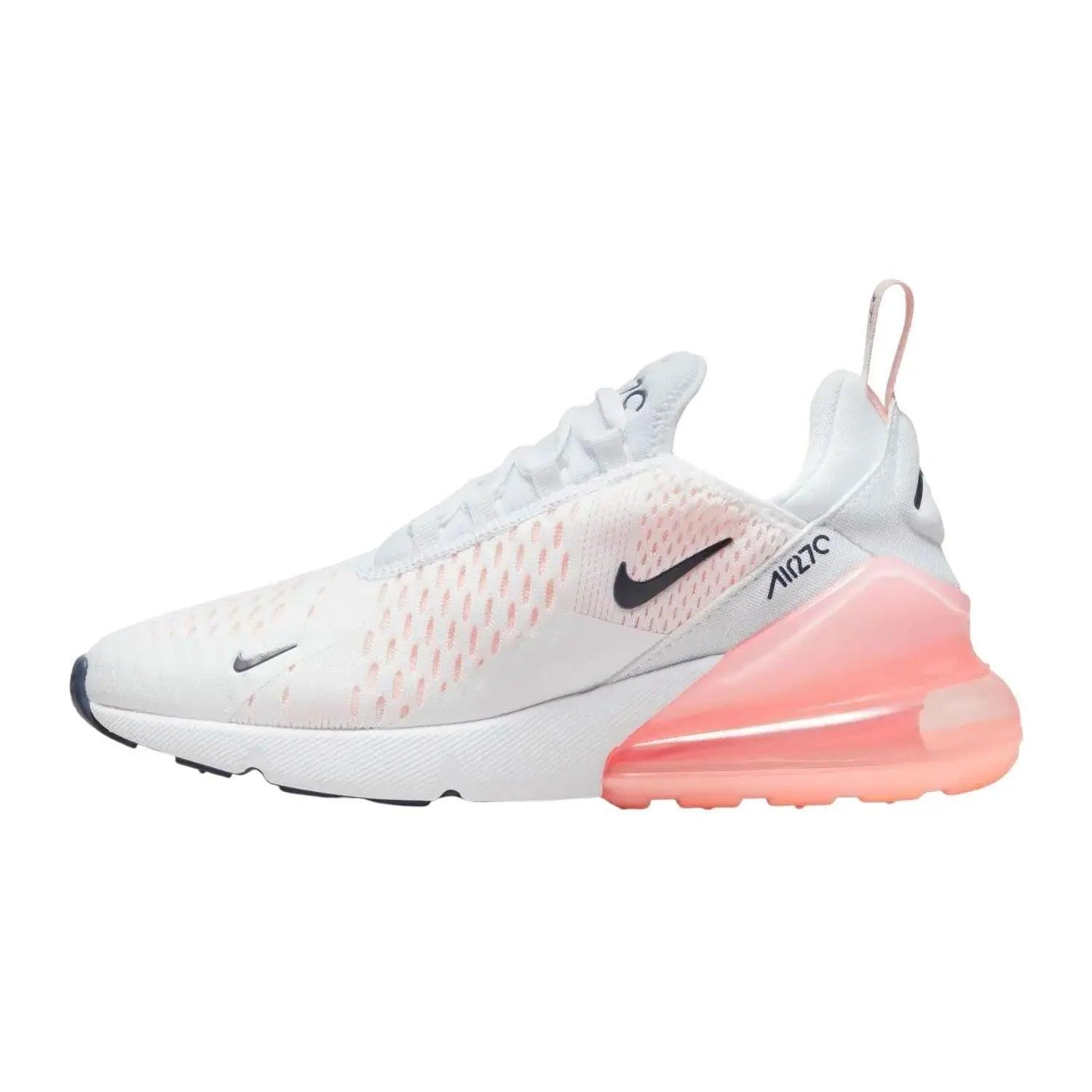 White Nike Air Max 270 women's sneaker with pink gradient sole and mesh upper, stylish athletic shoe